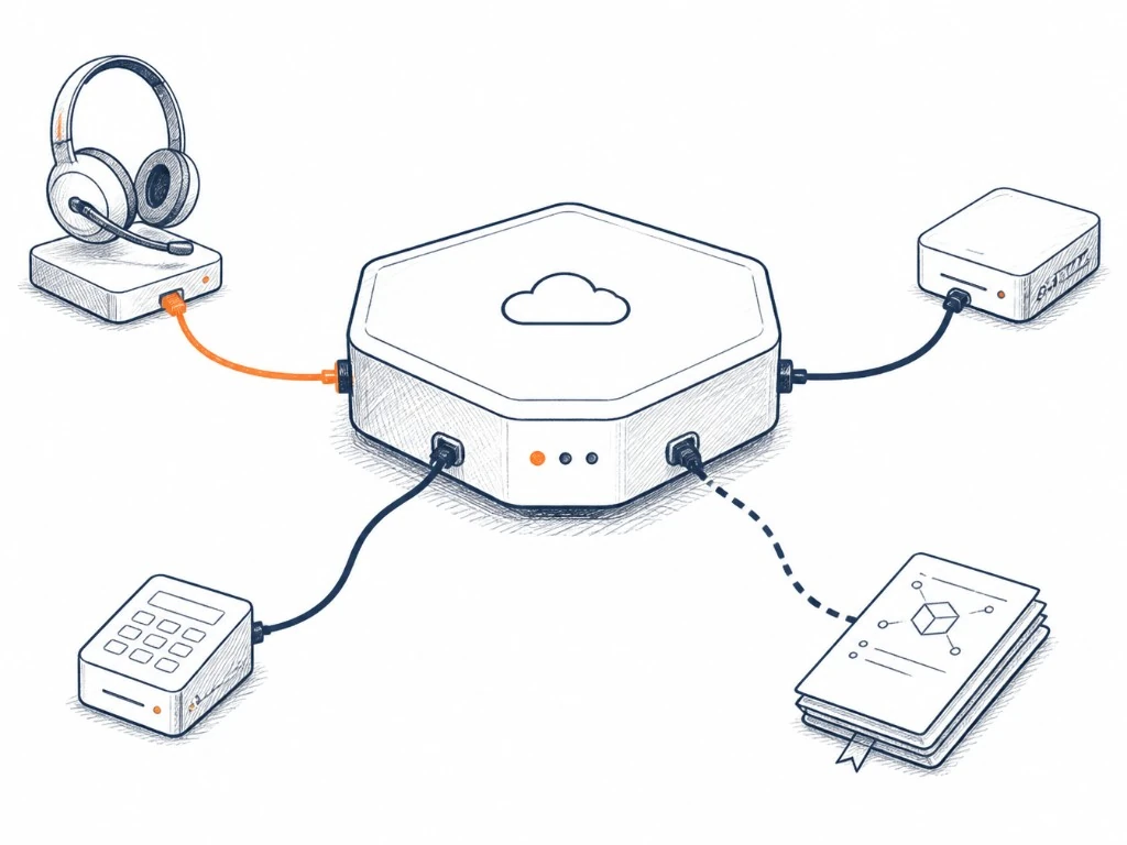 Ilustración: hub cloud conectado a soporte, integraciones y capacitación