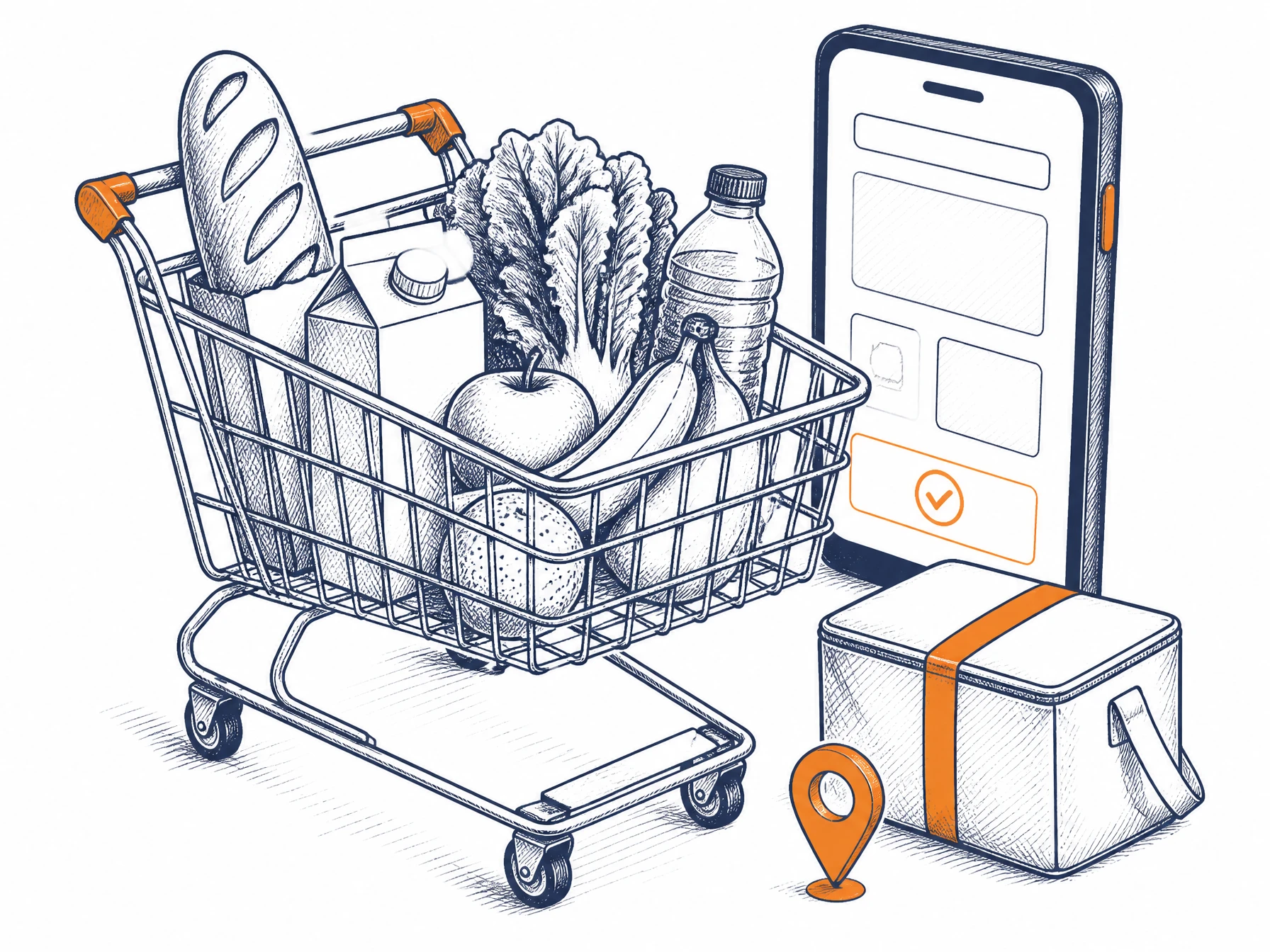 Ilustración: carrito de supermercado con pedido online y entrega a domicilio